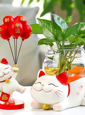 蕊杰新品招财猫水培花瓶大号鱼缸客厅桌面水养花器皿办公室微景观