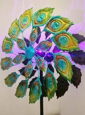 外贸欧美风能转动新款户外花园草坪插件彩绘孔雀花园铁艺金属风车
