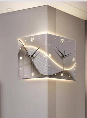 免打孔创意时钟壁灯转角钟客厅发光双面挂钟轻奢led发光拐角钟表