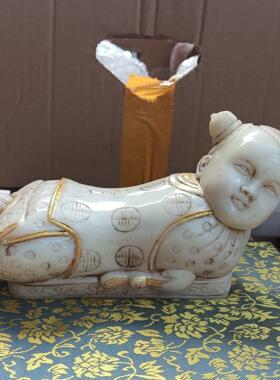 仿古树脂童男童女枕头家居客厅摆件仿老玉娃娃枕摆设工艺品