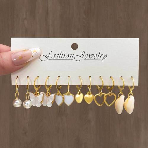 Women Trendy Jewerly Gold Pearl Hoop Earrings Set - 图0