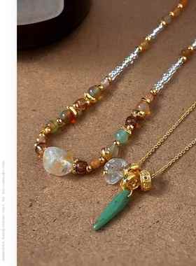 爆款新中式中古风格锁骨链天然石锆石米珠项女链叠戴时尚吊坠组合