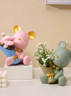 北欧创意捧花暴力熊玄关客厅摆件家居电视柜桌面装饰乔迁新居礼品
