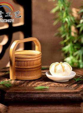 微景观仿真竹编食盒手提篮中式家居装饰品拍摄道具桌面树脂小摆件
