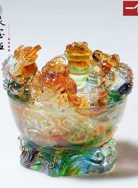 琉璃四方金蟾聚宝盆摆件家居客厅装饰新店开业前台礼品