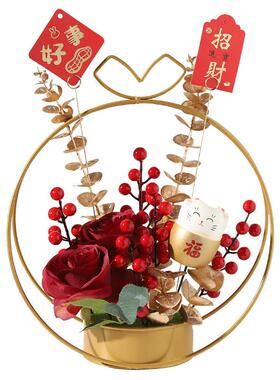 新年发财果冬青果红浆果铁艺花篮乔迁新居桌面仿真花摆件新房