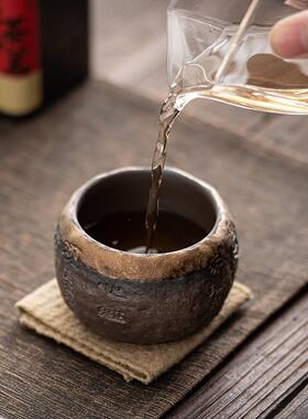 粗陶手工浮雕心经禅定杯 鎏金铁釉大号主人杯单杯 陶瓷个人杯茶杯