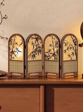 小屏风摆件中古风竹子新款桌面摆台画 画折叠折屏高级感电视柜装