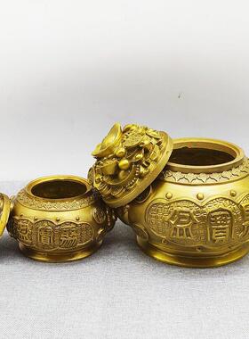 黄铜聚宝盆摆件桌面带盖子开 盖招财聚财五路财神聚宝盆家居客厅