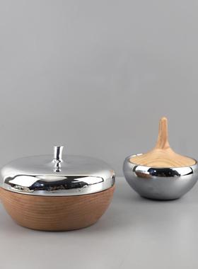 现代简约不锈钢带盖糖果储存罐皮革椅子摆件客厅卧室软装家居饰品