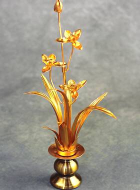 兰花摆件文房四宝君子兰铝金属轻奢仿真工艺品新中式莲花客厅花架