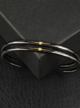 伊瓦岚日本amp Japan电镀黑金射线镶钻手镯3mm细款镯子手工个性