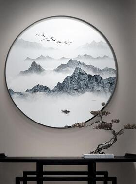 网红中式装饰画办公圆形入室玄关新厅画山客水画意室挂画户水茶墨