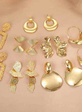 Golden Earrings women欧美朋克风不规则螺旋叶子梯形蝴蝶耳环女