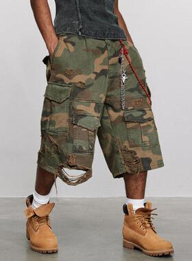 Men's Camouflage Distressed 3/4 Baggy Shorts Jorts Summer