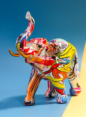 树脂工艺品欧式家居水转印涂鸦大象摆件客厅酒柜办公室装饰摆设