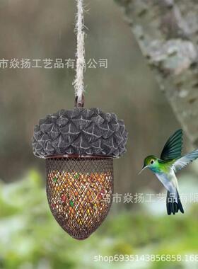 爆款花园庭院装饰品蜂鸟橡果铁艺喂鸟器树脂工艺品装饰