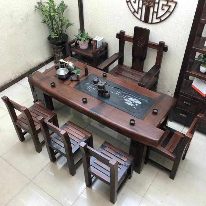 Authentic old wooden tea table combination Chinese style wooden tea table tea table curved stone tea tray electromagnetic chair real furnace tea set a boat