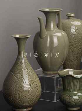 新中式样板间办公室会所展示柜博古架茶室茶柜仿宋耀州窑陶瓷摆件