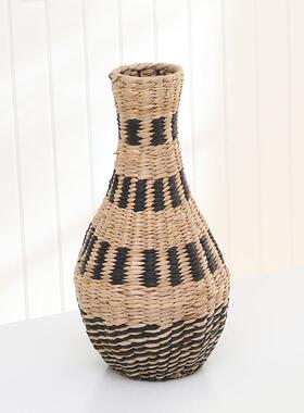 厂家手工草编花瓶家居桌面复古装饰小口花瓶仿真摆件编织插干花篮