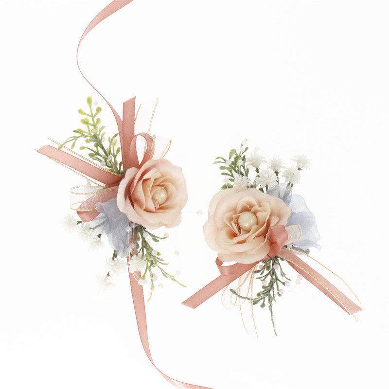原创手工 清新香槟粉玫瑰森系叶子手花胸花新娘伴娘姐妹团手腕花,淘宝优惠券,粉丝福利购,淘宝优惠卷