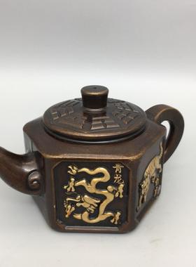 古玩仿古黄铜仿紫铜鎏金四大神兽八挂壶复古工艺摆件