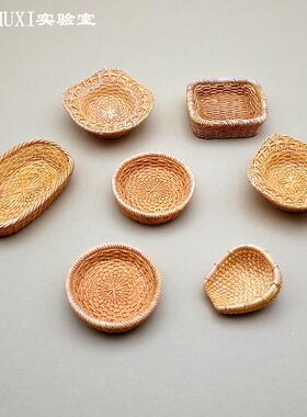 创意仿真竹编篮子树脂藤编筐果盘模型DIY装饰造景 微缩桌面小摆件