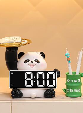 熊猫钥匙收纳摆件智能数字时钟入户玄关客厅家居装饰品电子钟闹钟
