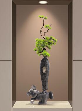 入户玄关招财竖长花瓶摆件客厅电视柜壁龛高级感迎客松花艺装饰品