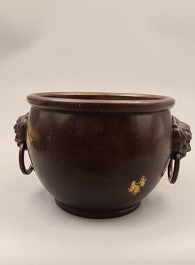 古玩铜器收藏铜摆件红铜点金双兽头吊环铜缸家居装饰礼品工艺品