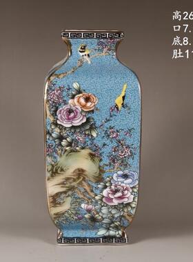 清干隆珐瑯彩浅蓝色四方瓶中式古典家居做旧古董博古架彷古瓷摆件