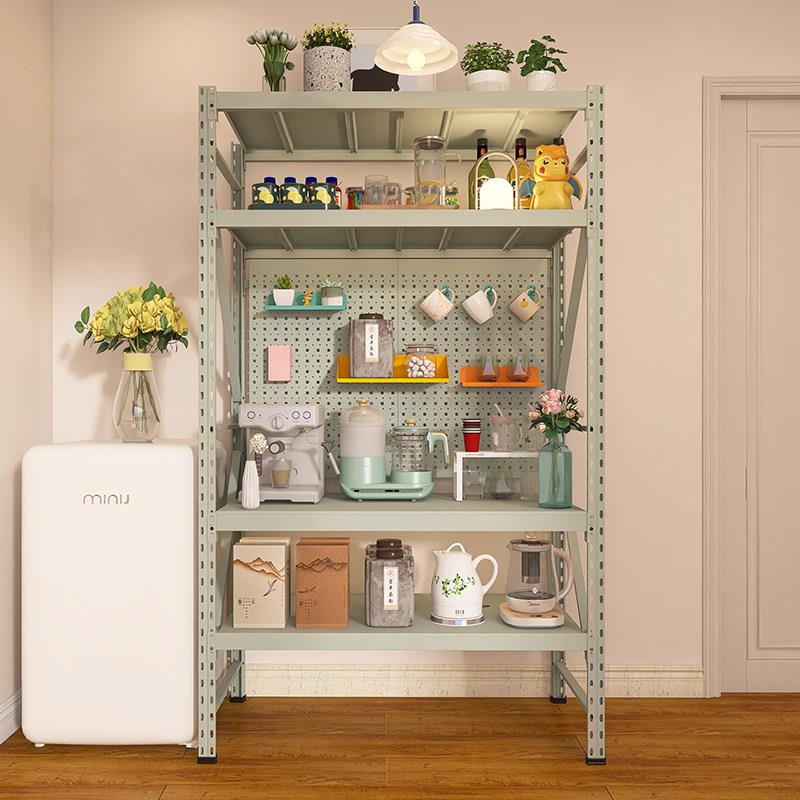 Gray green perforated board kitchen storage rack dining cabinet against the wall one-piece floor-standing multi-layer microwave oven storage shelf