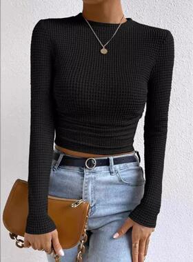 Solid Color Slim Fit Pleated Long Sleeve T-shirt Women