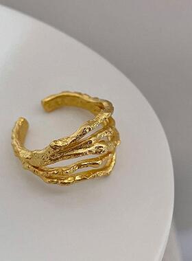 创意时尚复古线条金属质感戒指女ins时尚纹理轻奢开口食指环