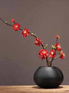 正品新中式黑色素烧摆瓷花瓶套装摆件简约梅腊花陶干花器客厅梅插