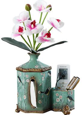 美式复古抽纸巾盒欧式创意多功能遥控器收纳盒卷纸盒客厅花插摆件