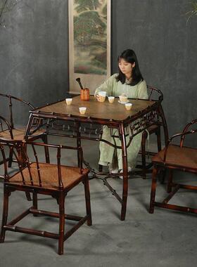 仿古中式大漆筇竹竹制家具茶几茶桌椅组合方桌家用小茶台茶室家具