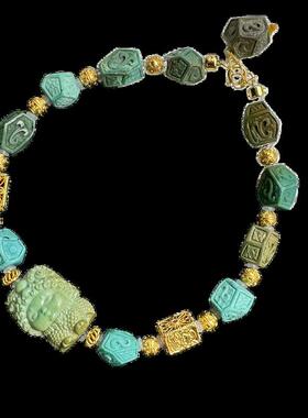 天然原矿高瓷包罗万象绿松石手串手链珠链18k金配饰尺寸约7mm左右