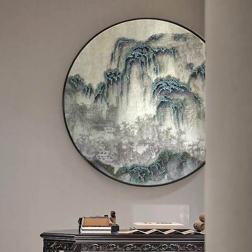 新中式书房茶室圆形山水禅意挂画中国风客厅墙面装饰画实物画 - 图0