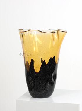 现代简约创意黑色茶色拼接大口径花瓣口手工琉璃花瓶家居软装摆件