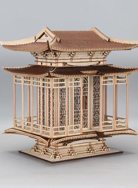 新中式禅意古建筑木雕凉亭工艺软装饰品样板房书柜玄关售楼处摆件