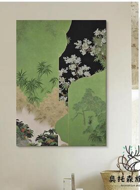 现代中古风装饰画客厅抽象植物写意壁画小众玄关中式春意盎然挂画