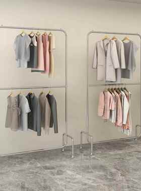 服装店展示架不锈钢拉丝银落地式双层可调节挂衣杆女装店带轮货架