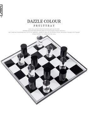 现代意式极简黑白格子水晶棋盘样板间办公室客厅摆件桌面软装饰品