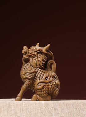 紫檀艺铭仙苑木麒麟车绿檀新款瑞兽把手件摆件雕汽中控饰品