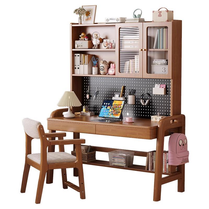 Solid wood children's study table desk bookshelf integrated student desk home simple writing desk hole board computer desk