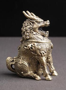 纯黄铜做旧麒麟檀香熏香炉家居工艺品摆件防古文玩礼品老铜器