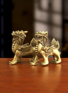 复古黄铜国风飞天麒麟办公桌面招财金属工艺品摆件乔迁开业礼品