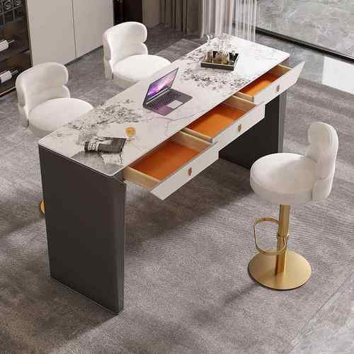 意式简约马鞍皮岩板吧台开放式厨房餐桌一体家用高脚吧台桌轻奢 - 图0