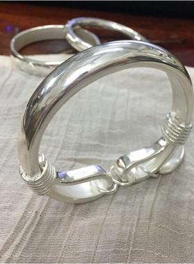 高档纯银手工999足银手镯女银手工定制雪实心扁款白银镯吊坠需另